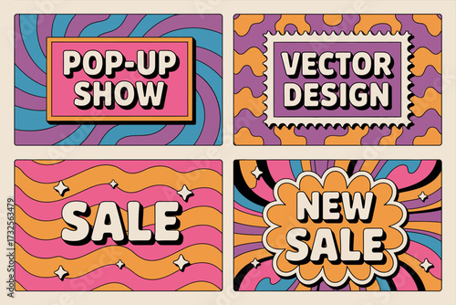 Catch attention with this energetic pop-up show promotional design highlighting sales and vector design concepts in a vibrant, colorful layout that's visually appealing.