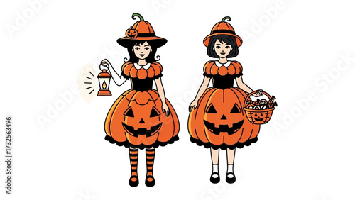 Halloween Pumpkin Costumes: Captivating illustrations showcase two girls in charming pumpkin-themed costumes. Perfect for festive celebrations!