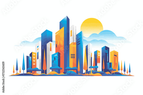 This eye-catching illustration depicts a dynamic cityscape with diverse building shapes and colors, capturing the essence of modern urban life in an artistic representation.