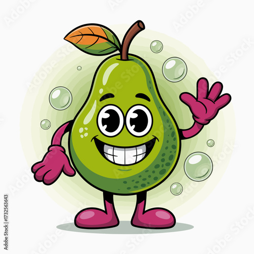 This image showcases a joyful cartoon pear character with big eyes, smiling widely, wearing pink gloves, and surrounded by bubbles, perfect for kids' themes and fruit-related designs.