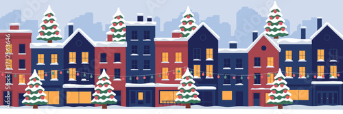 A vibrant winter street scene filled with snow, decorated houses, and colorful lights, generating a cheerful and festive mood perfect for the holiday season.