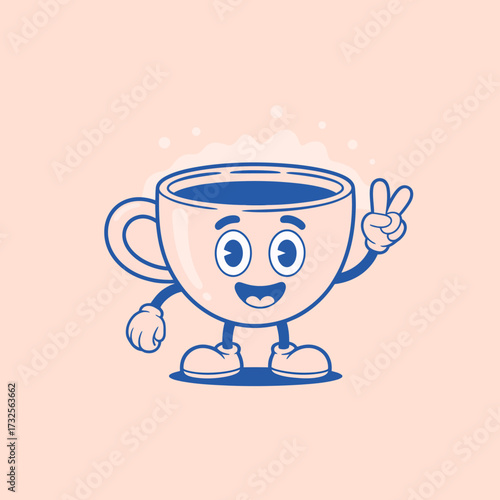 This charming cartoon coffee mug character is depicted cheerfully giving a peace sign, symbolizing warmth and joy associated with coffee culture and friendly vibes.