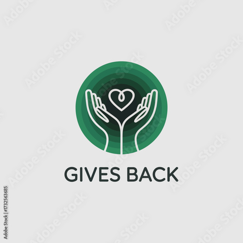 This logo features two hands cradling a heart shape, symbolizing a commitment to giving back and fostering community support, representing kindness and generosity in society.