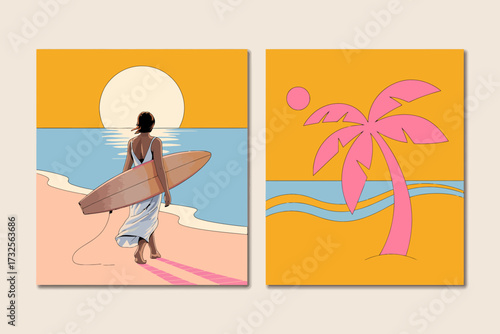 A stylish depiction of a surfer carrying a surfboard along a calm beach at sunset, embodying freedom, tranquility, and the idyllic lifestyle of beach lovers.