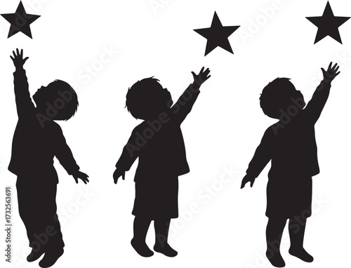 Three children reaching for stars silhouette