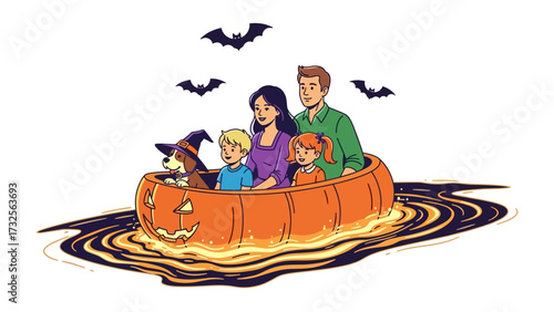 Halloween Family Pumpkin Boat: A delightful family and their pet embark on a spooky adventure in a carved pumpkin boat, sailing through the Halloween night.