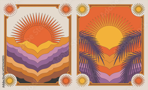 This colorful image showcases a sunset with playful palm leaves, embodying a tropical vibe that evokes feelings of warmth, relaxation, and joy on a beautiful evening.