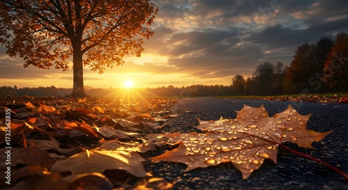Golden Autumn Sunrise Over a Leaf-Strewn Path with a Majestic Tree, Dew Drops on Maple Leaf