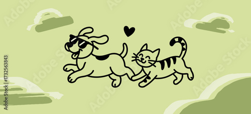 A cute and playful illustration featuring a dog and cat running joyfully together, showcasing friendship, happiness, and the bond between pets in a fun, cartoonish style.
