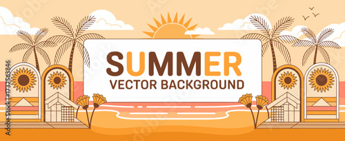 A charming vector background showcasing palm trees, bright sun, and whimsical flowers for encapsulating the essence of summer escapades in artistic designs effectively.