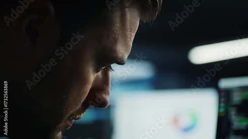 Intense close-up of a focused man coding or analyzing data on computer screens in a dark high-tech office Reflects cybersecurity late-night work and problem-sol