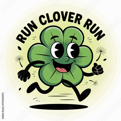 A lively cartoon clover character sprinting energetically with a big smile, embodying a sense of urgency, anticipation, and happiness in its animated expression.