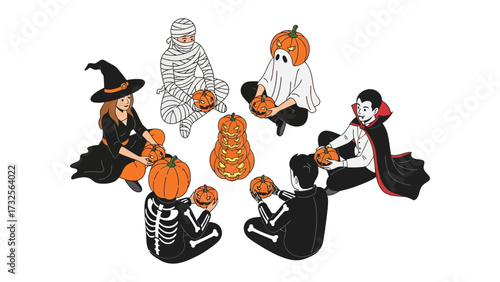 Halloween Gathering: Illustrative depiction of a circle of children in playful costumes, meticulously carving pumpkins to showcase the playful traditions of Halloween.