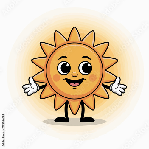 A friendly cartoon sun character with a broad smile and waving arms, bringing an atmosphere of happiness and warmth, ideal for playful children's content and summer themes.