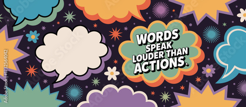 An engaging design featuring bright speech bubbles adorned with motivational text and stars, creatively illustrating the power of words in a visually striking manner.