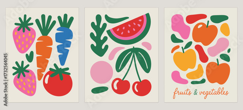This image features a playful collection of fruit and vegetable illustrations, emphasizing vibrant colors and shapes that represent freshness and fun in organic produce.