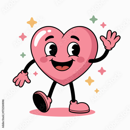 This cute heart character embodies joy and positivity, showcasing a friendly wave, vibrant colors, and a playful design that appeals to all ages, spreading happiness visually.