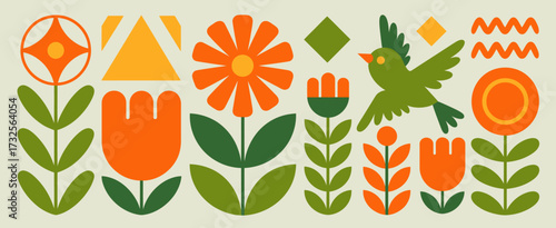 This vibrant image showcases an array of stylized flowers and a bird, featuring bold colors and geometric shapes that evoke a playful and cheerful atmosphere.