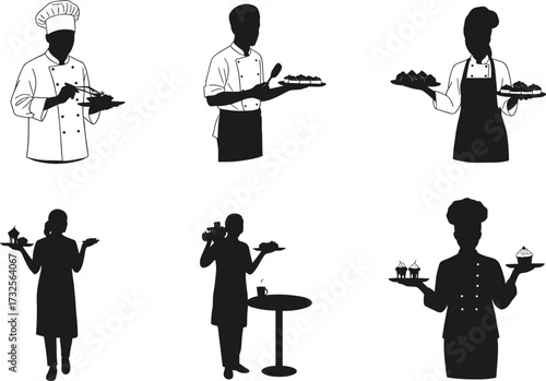 Chef silhouettes, food service, culinary attire, plate serving, restaurant staff, apron, chef hat, teamwork, hospitality, vector illustration, black figures, kitchen scene