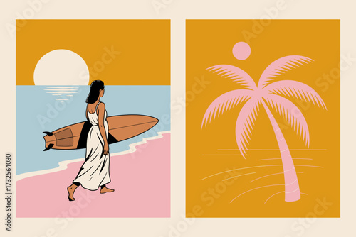 This peaceful image features a surfer walking along the beach with a surfboard, a warm sunset, and a palm tree, perfectly capturing the essence of summer and beach life.