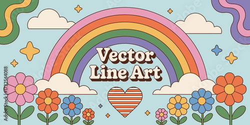 This vibrant vector artwork presents a playful representation of a rainbow intertwined with hearts and flowers, symbolizing joy, love, and a cheerful essence of life.