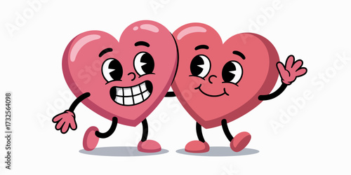 This whimsical illustration features two joyous heart characters, joyfully interacting with vibrant expressions, conveying warmth and friendship in a playful manner.