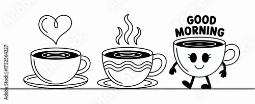 This image features three unique coffee cups, each adorned with charming expressions, one with a love symbol, one with steam, and the last cheerfully welcoming the morning.
