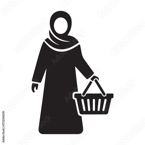 Woman wearing hijab and abaya holding a shopping basket silhouette
