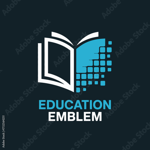 This image features a modern education emblem with an opened book design enhanced by pixelated elements, symbolizing digital learning and knowledge dissemination.