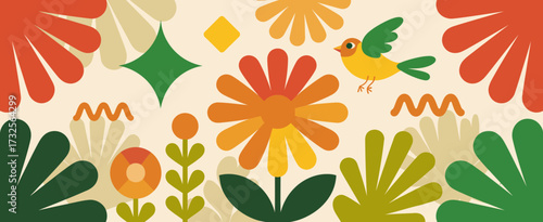A vibrant vector illustration featuring an array of colorful flowers, leaves, and a cheerful bird, perfect for spring-themed designs and nature-inspired projects.
