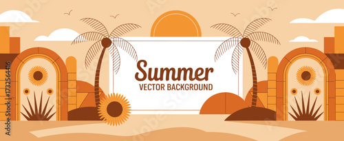 A warm minimalist summer background that features sun, palm trees, and earth-toned colors, perfectly catering to seasonal designs with an inviting vibe and comfort.