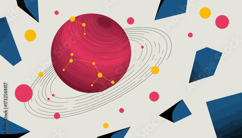 A vibrant, abstract representation of a planet surrounded by geometric shapes and cosmic elements, evoking a sense of exploration, imagination, and cosmic wonders.