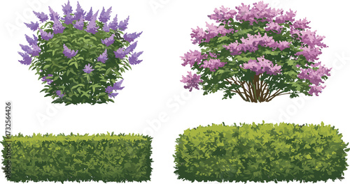 Shrub and hedge illustration set, cartoon garden plants, floral foliage icons, landscaping clipart pack, nature design elements, vector bush graphics, outdoor assets