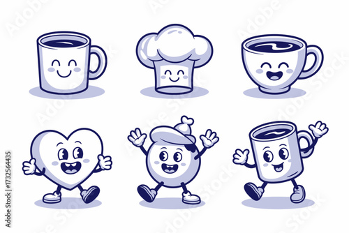 A delightful collection of cartoon characters including mugs, hearts, and a chef, each with cheerful expressions that evoke happiness and charm for a lighthearted theme.
