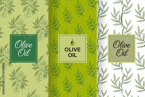This image presents beautifully designed olive oil packaging, featuring intricate floral patterns against a backdrop of various shades of green, evoking freshness and quality.