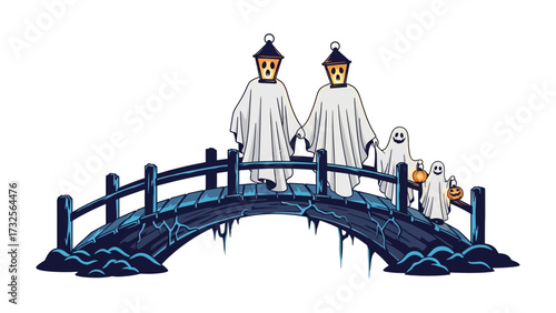 Ghostly Bridge Walk: An illustration captures a quaint family of ghosts strolling across a haunted bridge, lantern-headed figures light their way through a spooky twilight scene.