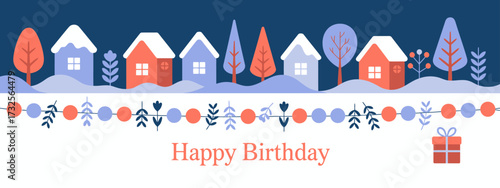 This cheerful birthday graphic set in a charming winter scene features cozy houses, trees, and festive elements, encapsulating the joy and warmth of celebrating a special day.