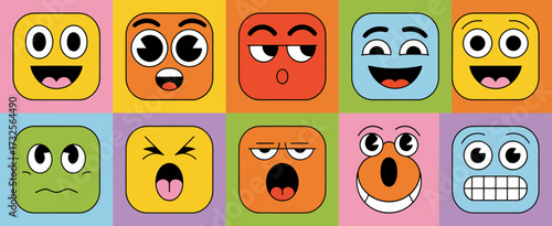 A lively collection of ten colorful emoticons, each displaying different facial expressions, representing a range of human emotions in a playful and eye-catching manner.