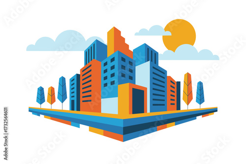A vibrant city skyline illustration featuring geometric buildings, stylized trees, and a bright sun, showcasing modern urban living in an abstract artistic style.