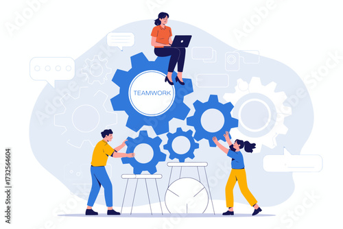 Illustration showing a group of individuals actively working around interlocking gears, emphasizing teamwork, communication, and the intricacies of collaborative efforts in projects.