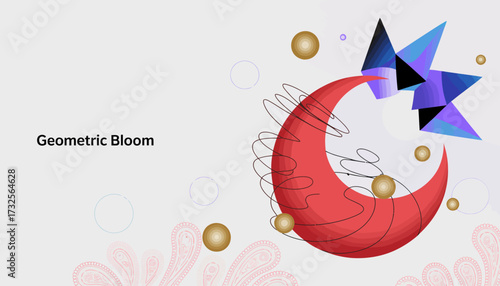 A lively abstract design featuring geometric shapes, blooming flowers, and vibrant colors, evoking feelings of creativity and joy in a modern artistic approach.
