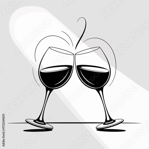 A minimalist design featuring two wine glasses clinking together, with fluid lines emanating from the contact point, representing the energy of connection and celebration.