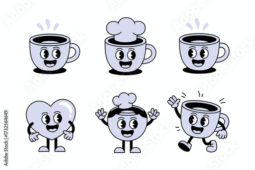 A monochrome design featuring playful cartoon characters such as mugs and hearts, showcasing happiness and charm through their delightful expressions and poses.