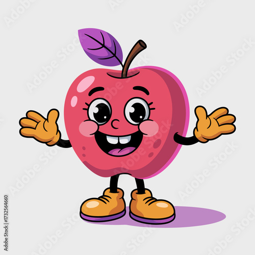 This delightful cartoon apple character waves cheerfully, showcasing vibrant colors and a big smile, perfect for children's projects or playful themes in digital media content.