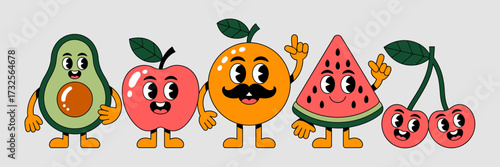 This vibrant and cheerful collection of cartoon fruit friends showcases diversity in expressions and personalities, all conveying joy and fun, perfect for children's entertainment themes.