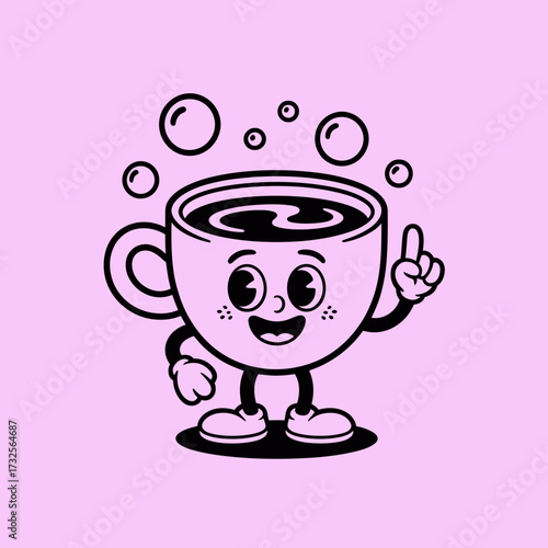 This animated coffee cup character is excitedly raising a finger with bubbles around it, representing vibrant energy and enthusiasm for delightful coffee moments.