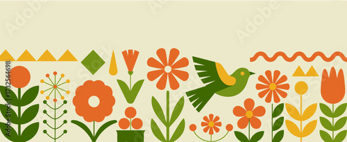 This artwork showcases various stylized flowers and a flying bird, embodying a playful spirit and the beauty of nature in a delightful and artistic manner.