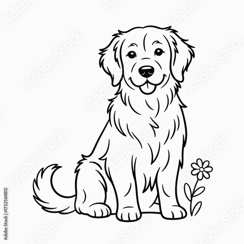 This delightful illustration portrays a golden retriever beside a flower, capturing the essence of companionship and joy in a heartwarming and charming manner, perfect for dog lovers.
