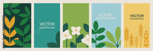 Five vibrant nature-inspired backgrounds featuring lush foliage and vibrant colors, ideal for enhancing the aesthetic of any creative project.
