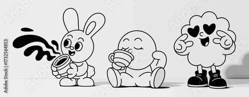 This image features three adorable cartoon characters, a bunny, a round figure, and a cloud, all joyfully enjoying beverages and showcasing whimsical expressions.